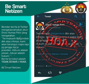 Read more about the article Twitter mengatas namakan akun Divisi Humas Polri yang mengatakan “Terimakasih @digembok dkk atas infonya adalah HOAX